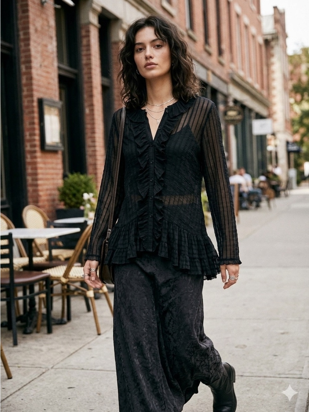 ZARA Black Sheer Ruffled Button Down Blouse Top Small